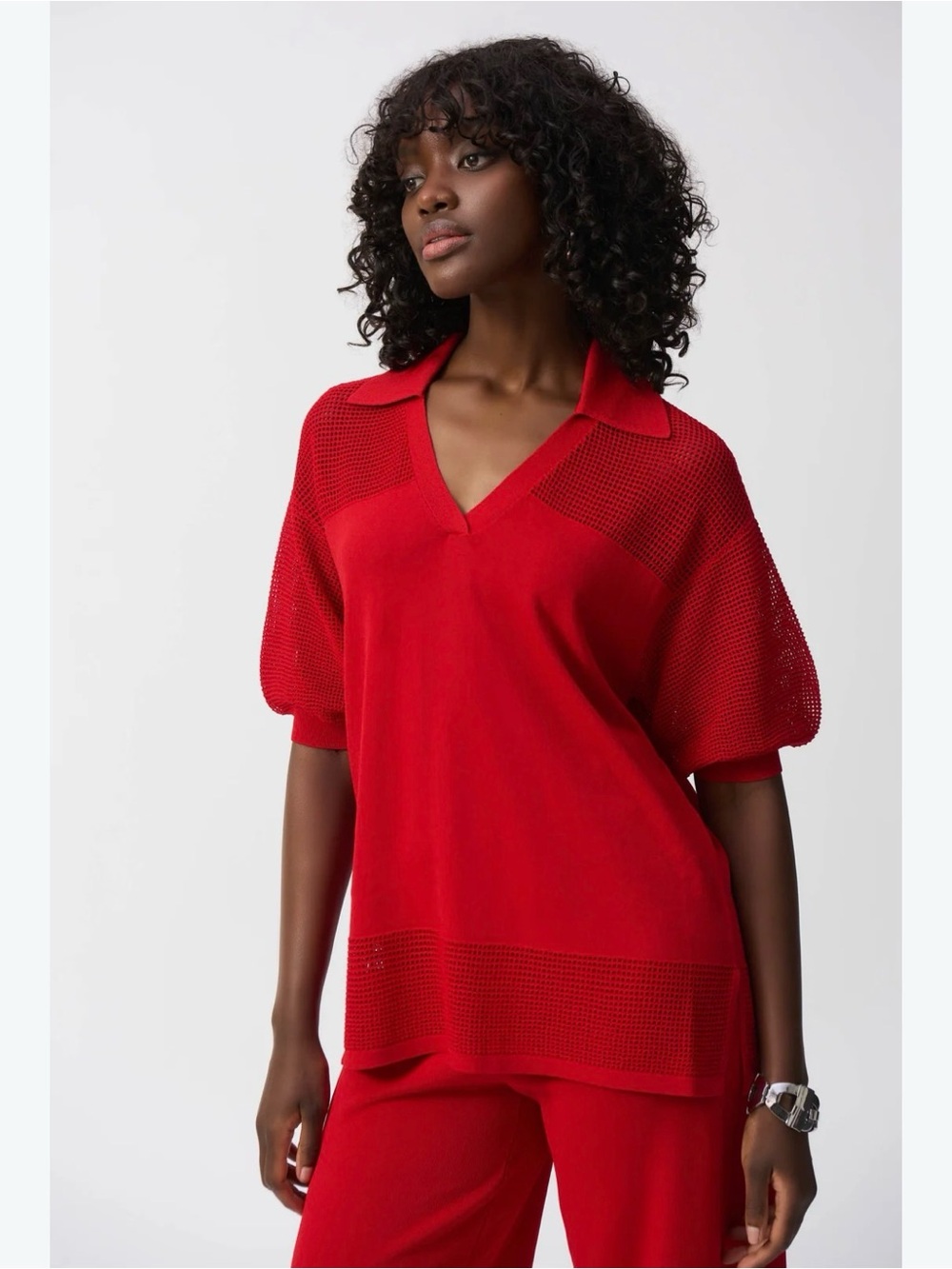 JOSEPH RIBKOFF TOP red pointelle knit polo Large